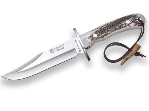 CUCHILLO DE CAZA JOKER BOWIE CON PUÑO DE CIERVO Y HOJA DE 16 CM. FUNDA DE CUERO.