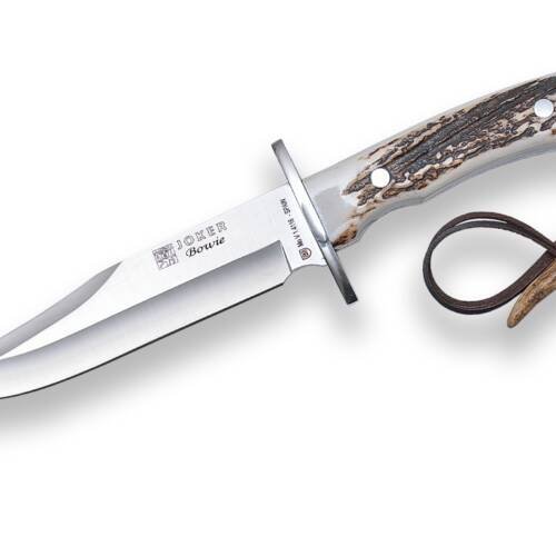 CUCHILLO DE CAZA JOKER BOWIE CON PUÑO DE CIERVO Y HOJA DE 16 CM. FUNDA DE CUERO.